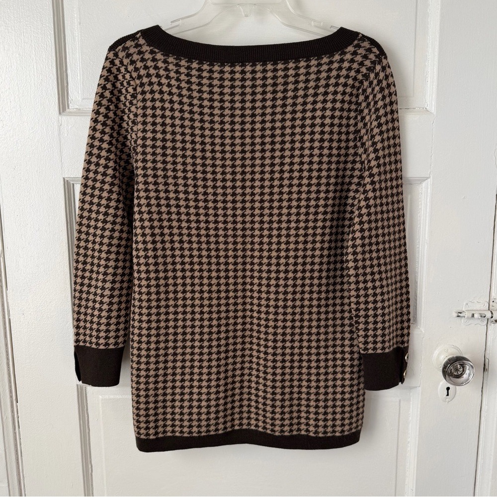 Talbots Merino Wool Brown Houndstooth Sweater‎ Boat Neck Preppy Classic Office M - Picture 8 of 14